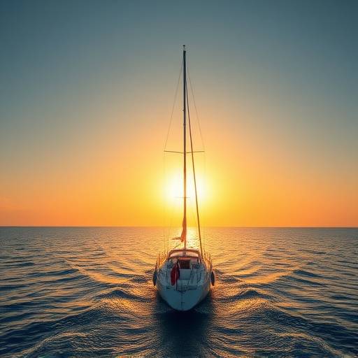 Barco de vela navegando hacia un atardecer dorado sobre el mar