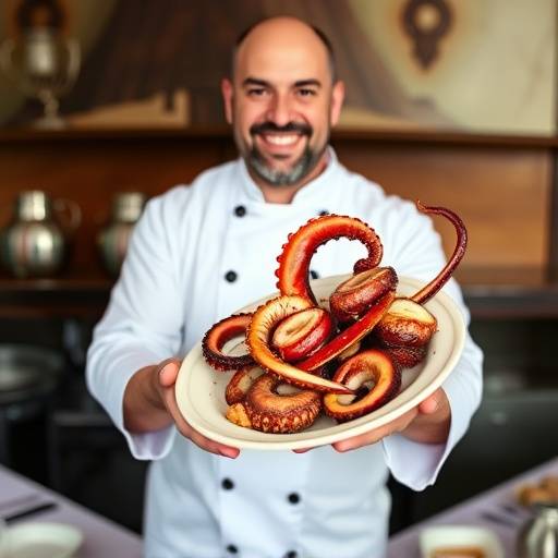 Chef sonriente mostrando pulpo cocido y cortado, listo para servir en una mesa gallega.