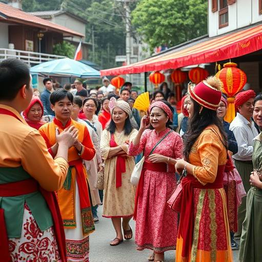 Comunidad celebrando una fiesta local con trajes tradicionales y m&radic;&ordm;sica