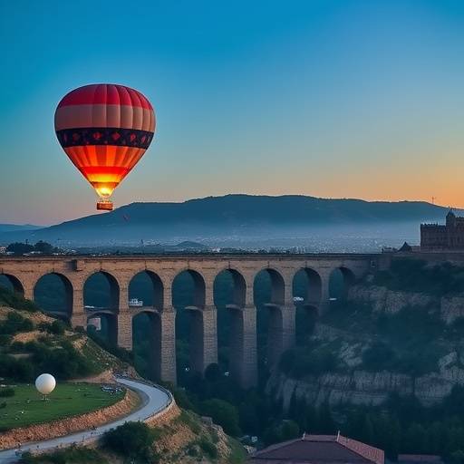 Globo aerost&radic;&deg;tico flotando sobre el impresionante acueducto de Segovia al amanecer.