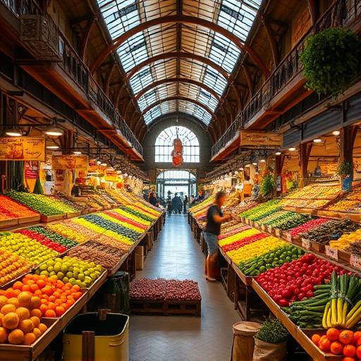 Interior del Mercado Central de Valencia con puestos de productos frescos