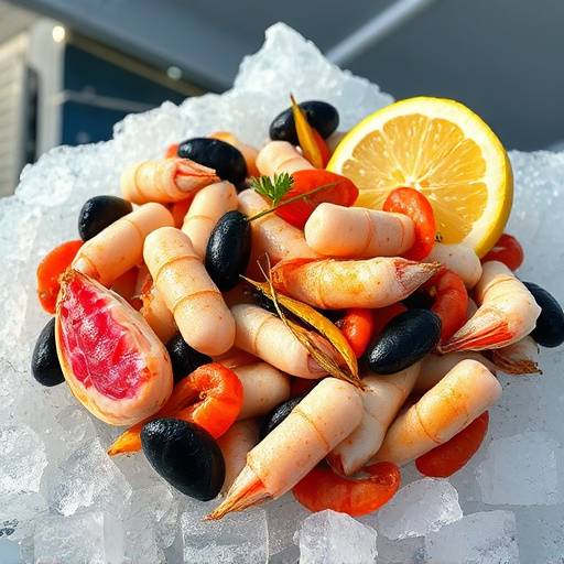 Mariscada variada con gambas, cigalas, ostras y mejillones sobre hielo