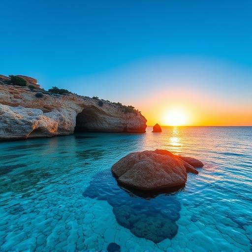 Playa de Cala Comte en Ibiza con aguas cristalinas y formaciones rocosas