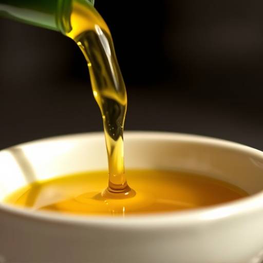 Primer plano de aceite de oliva virgen extra verti&eacute;ndose lentamente en un cuenco de cer&aacute;mica