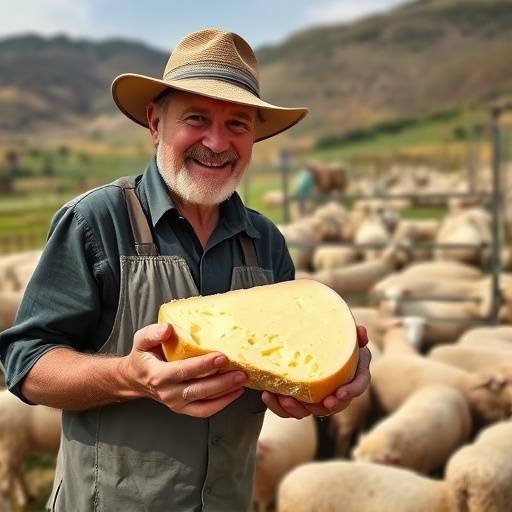 Un granjero mostrando un queso manchego reci&radic;&copy;n elaborado en una granja de ovejas.